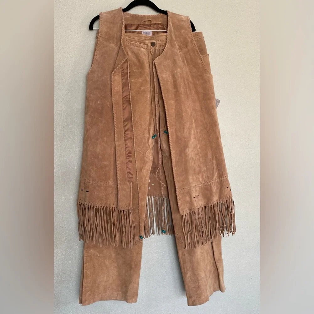 Womens Native American Wilson Leather Suede Fringe Vest Tan Outfit XL 14 - Picture 1 of 16